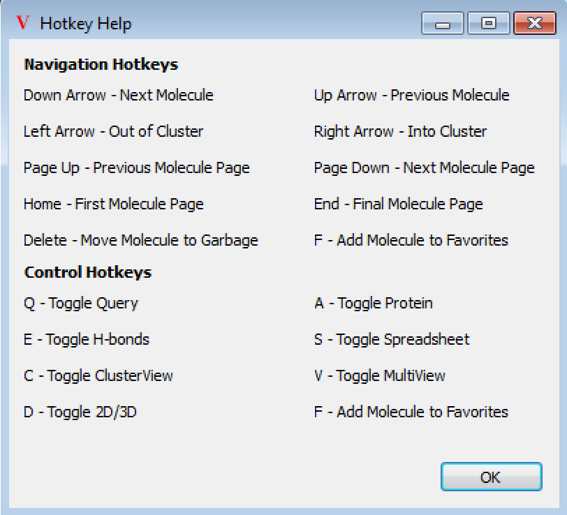 VIDA cluster browser hotkey help screen